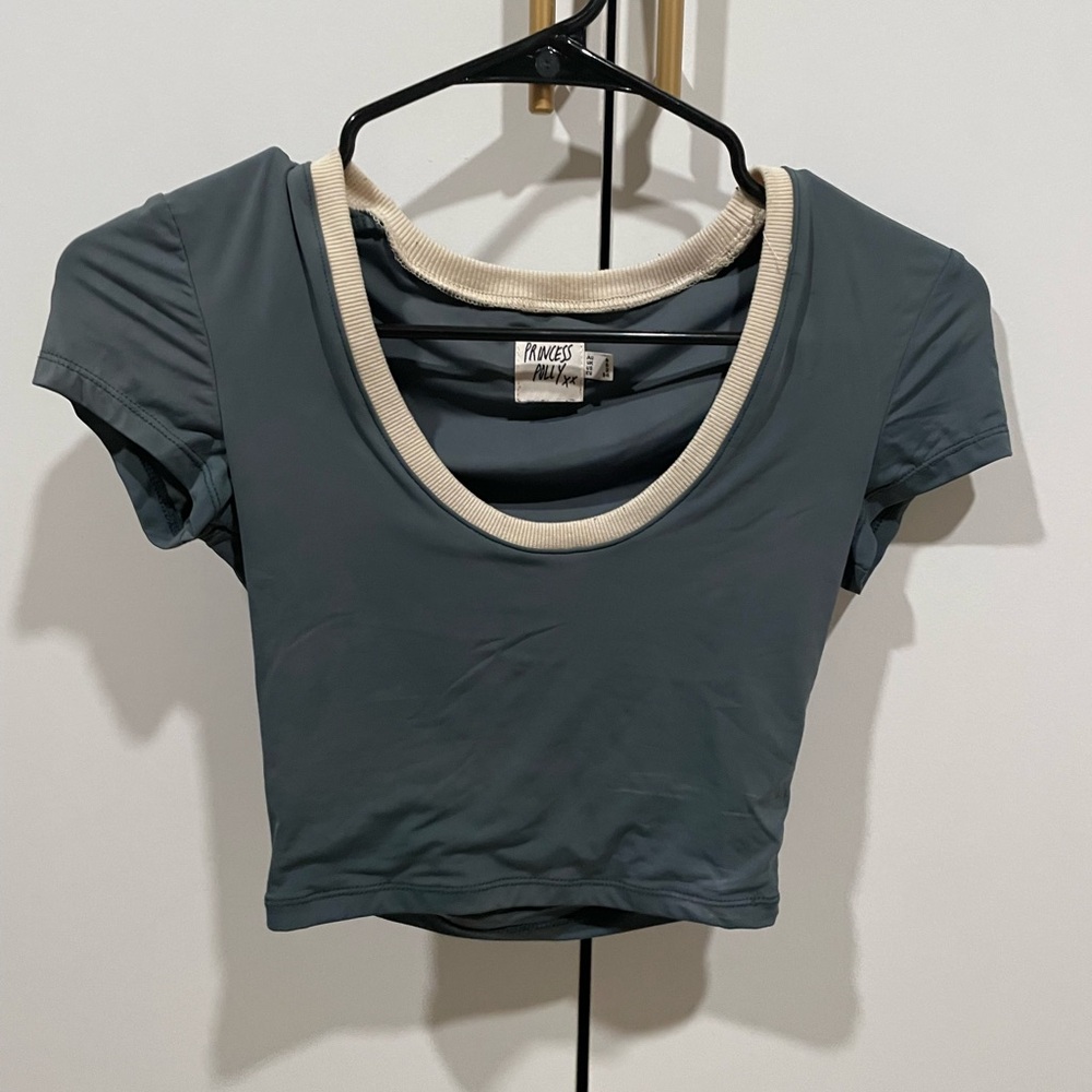 Blue crop top with white neckline